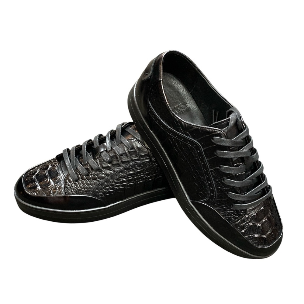 Designer style sneaker low tops BLACK Gator pattern genuine leather shoe
